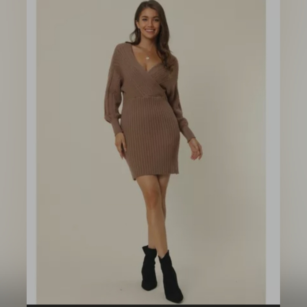 Seta T | Women’s Wrap Deep V-Neck Lantern Sleeve Mini Sweater Dress